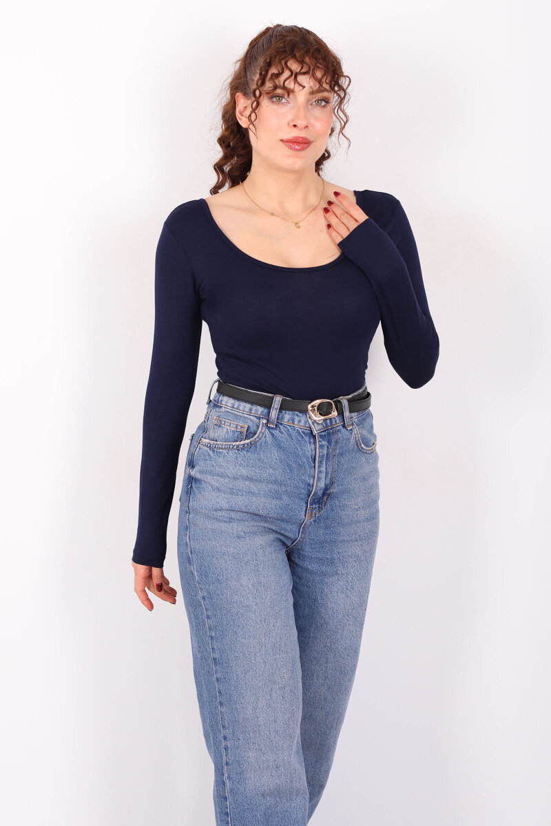 Ön Arka U Yaka Uzun Kollu Lacivert Kadın Basic Bluz - 6