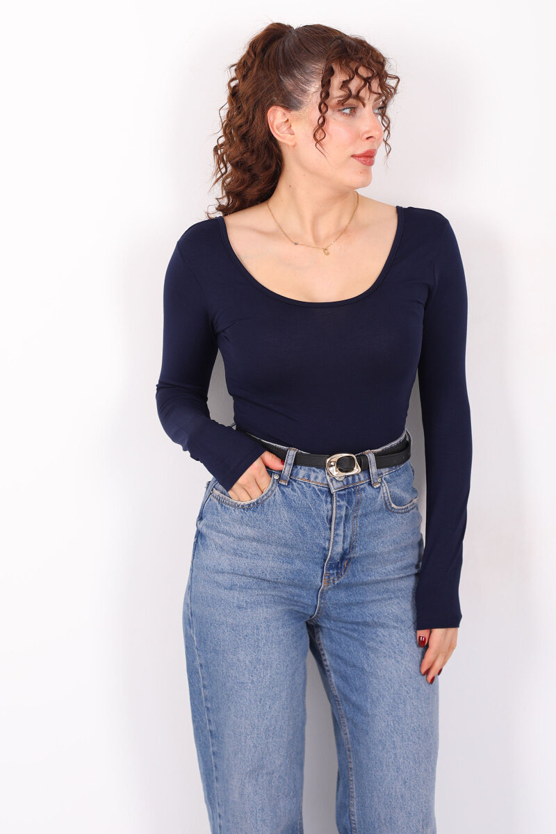 Ön Arka U Yaka Uzun Kollu Lacivert Kadın Basic Bluz - 1