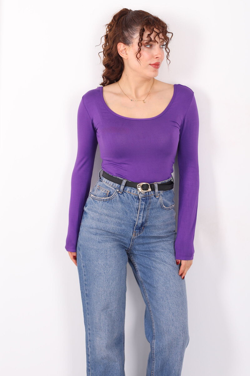 Ön Arka U Yaka Uzun Kollu Mor Kadın Basic Bluz - 5