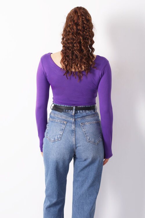 Ön Arka U Yaka Uzun Kollu Mor Kadın Basic Bluz - Berox (1)