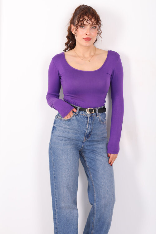 Ön Arka U Yaka Uzun Kollu Mor Kadın Basic Bluz - 4