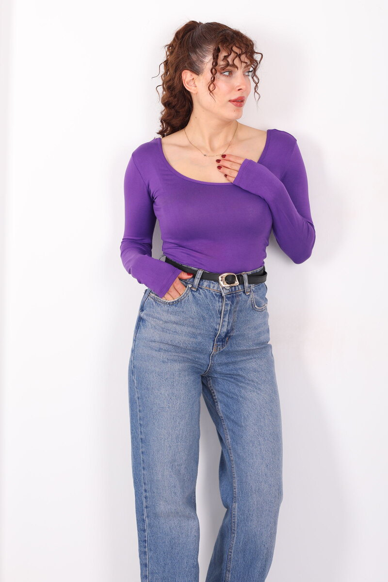 Ön Arka U Yaka Uzun Kollu Mor Kadın Basic Bluz - 3