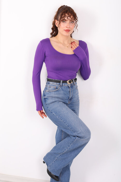 Ön Arka U Yaka Uzun Kollu Mor Kadın Basic Bluz - Berox