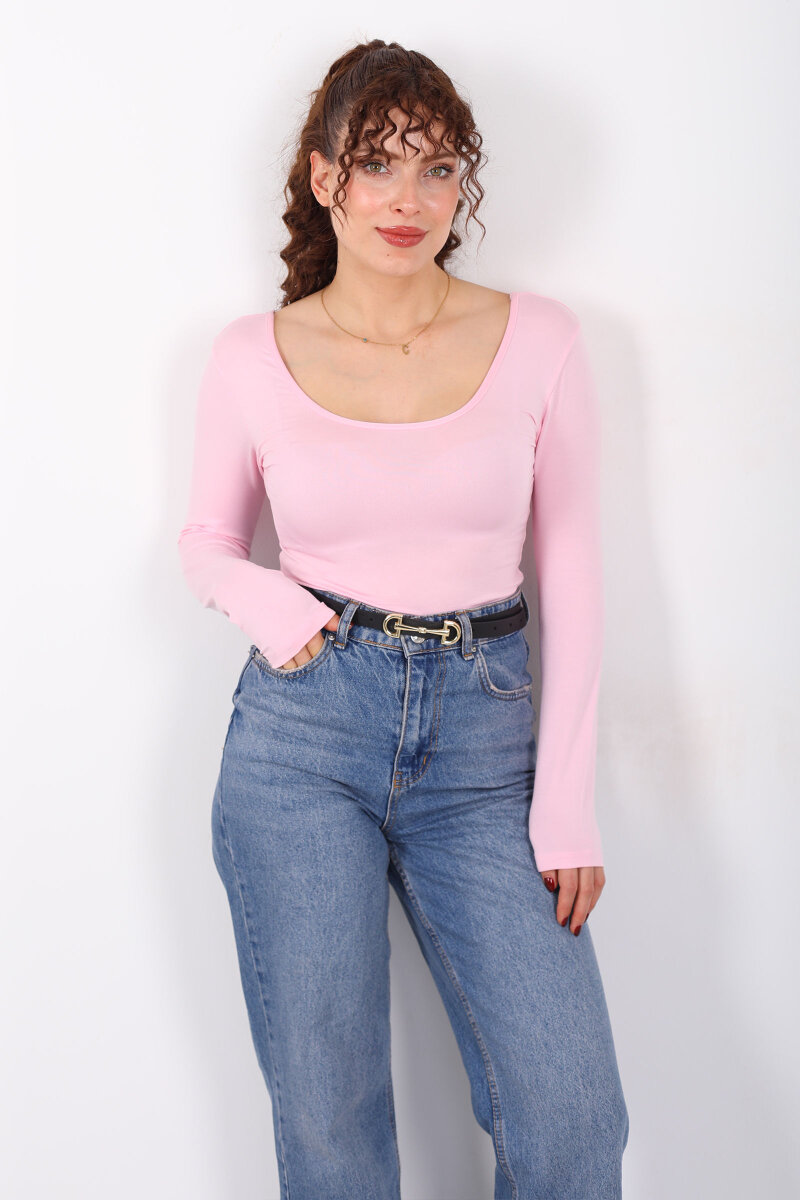 Ön Arka U Yaka Uzun Kollu Pembe Kadın Basic Bluz - 3