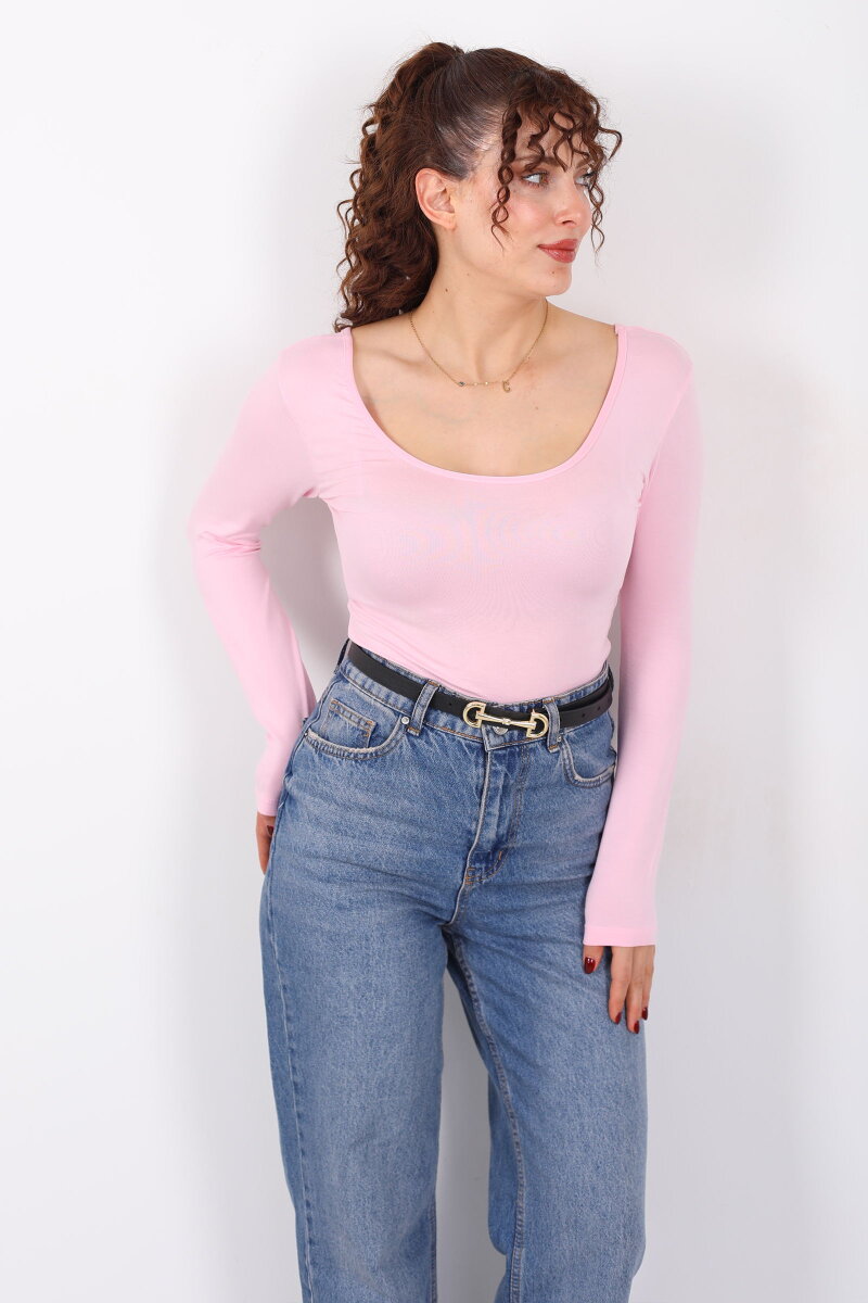 Ön Arka U Yaka Uzun Kollu Pembe Kadın Basic Bluz - 5
