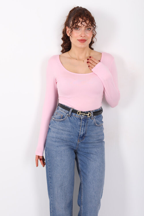 Ön Arka U Yaka Uzun Kollu Pembe Kadın Basic Bluz - 4