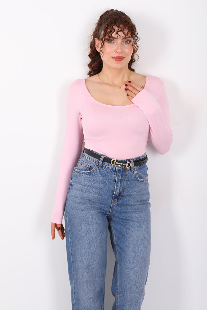 Ön Arka U Yaka Uzun Kollu Pembe Kadın Basic Bluz - 4