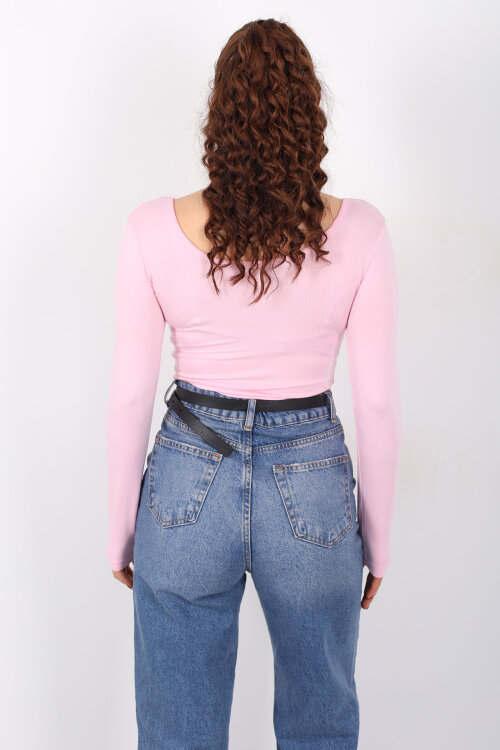 Ön Arka U Yaka Uzun Kollu Pembe Kadın Basic Bluz - Berox (1)