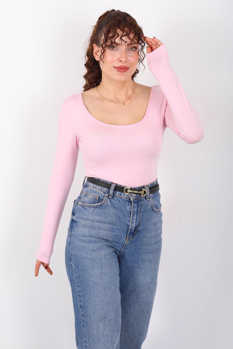 Ön Arka U Yaka Uzun Kollu Pembe Kadın Basic Bluz - 1