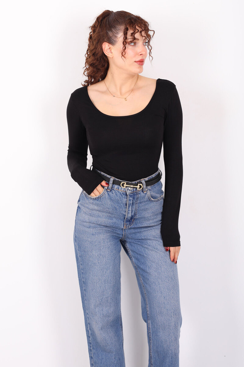 Ön Arka U Yaka Uzun Kollu Siyah Kadın Basic Bluz - 1