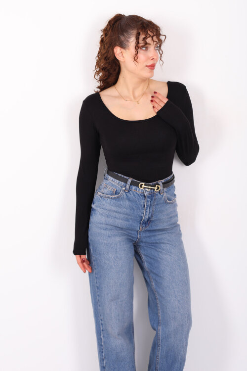 Ön Arka U Yaka Uzun Kollu Siyah Kadın Basic Bluz - 3