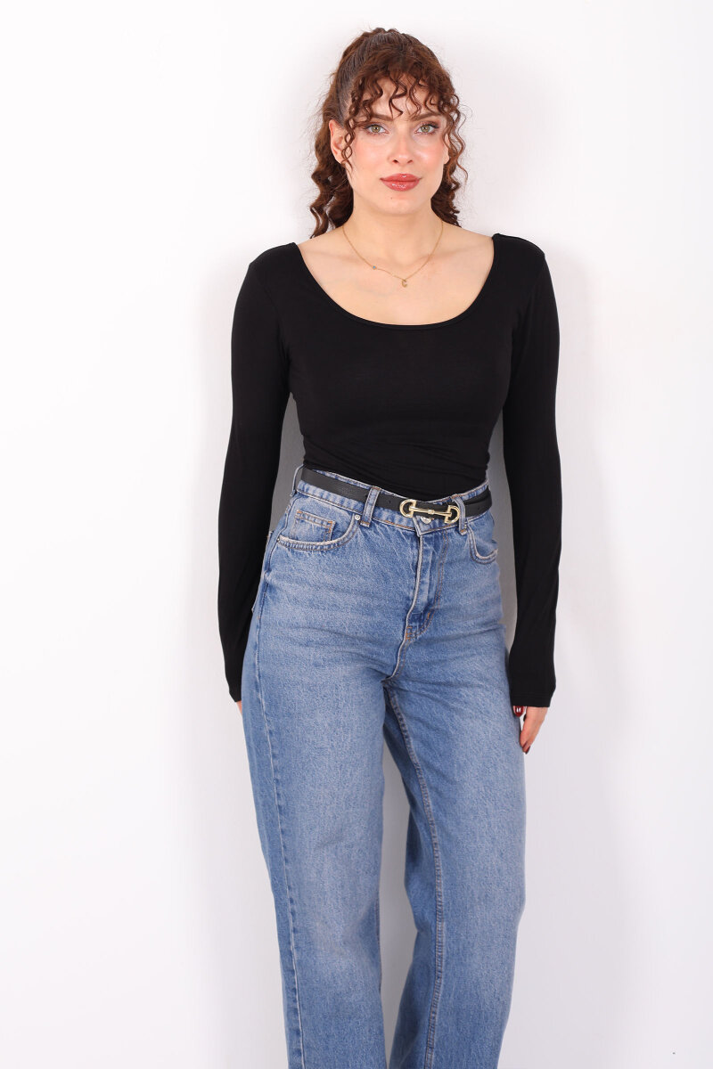 Ön Arka U Yaka Uzun Kollu Siyah Kadın Basic Bluz - 5