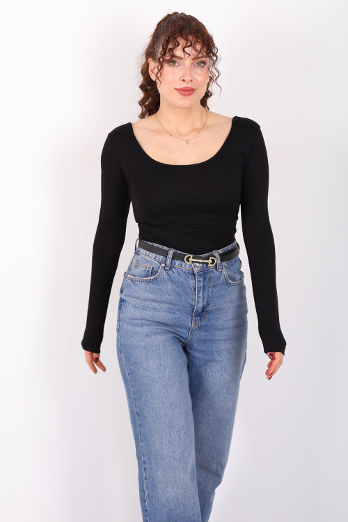 Ön Arka U Yaka Uzun Kollu Siyah Kadın Basic Bluz - 4