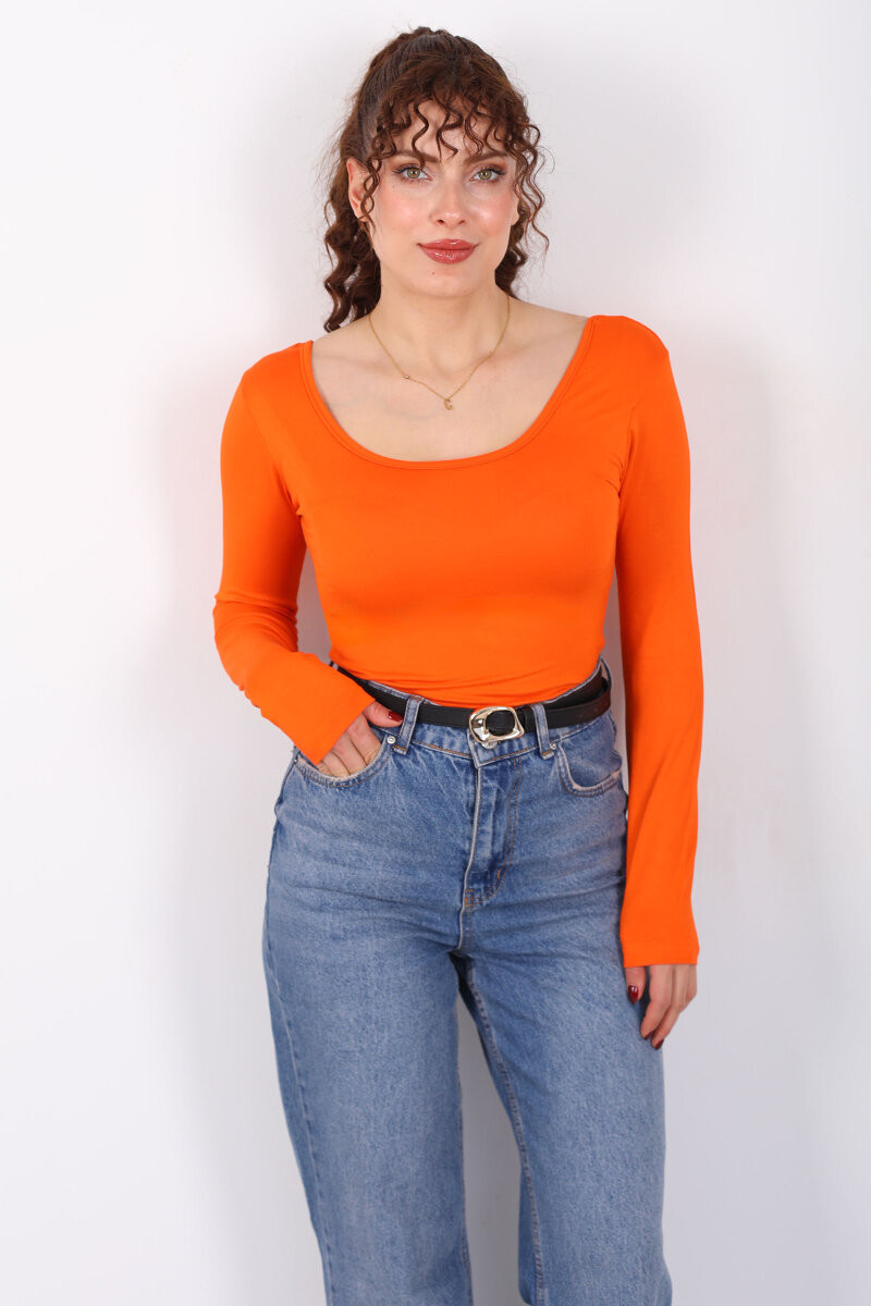 Ön Arka U Yaka Uzun Kollu Turuncu Kadın Basic Bluz - 4