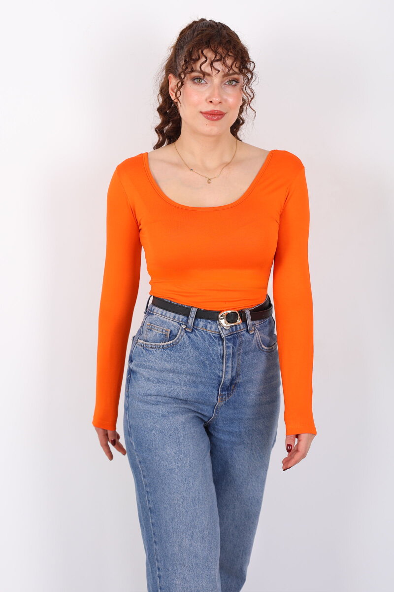 Ön Arka U Yaka Uzun Kollu Turuncu Kadın Basic Bluz - 6