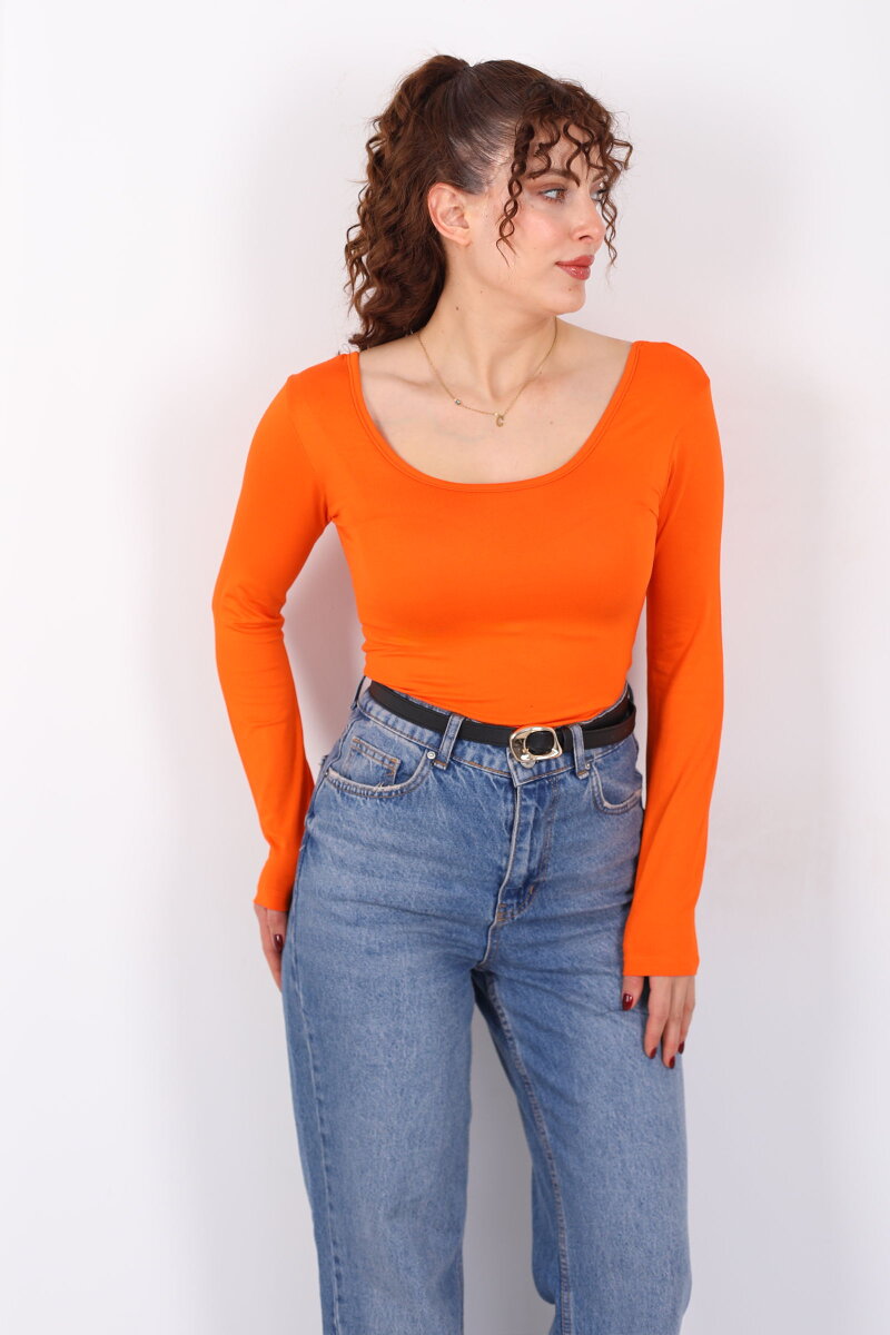 Ön Arka U Yaka Uzun Kollu Turuncu Kadın Basic Bluz - 3