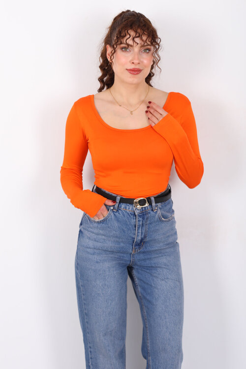Ön Arka U Yaka Uzun Kollu Turuncu Kadın Basic Bluz - Berox