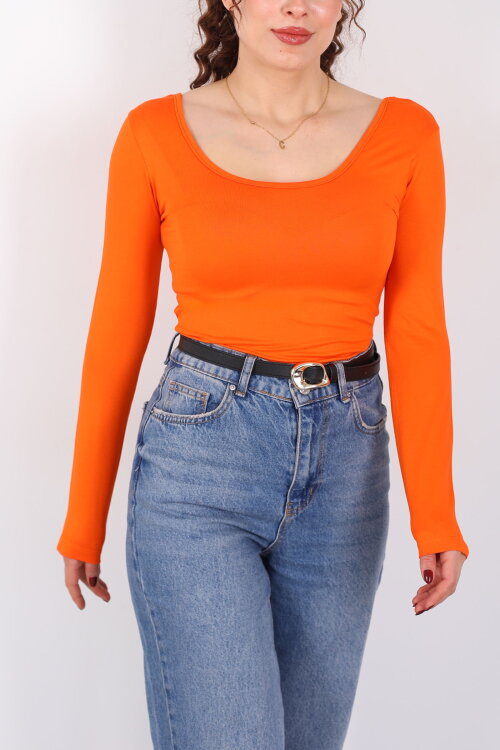 Ön Arka U Yaka Uzun Kollu Turuncu Kadın Basic Bluz - Berox (1)