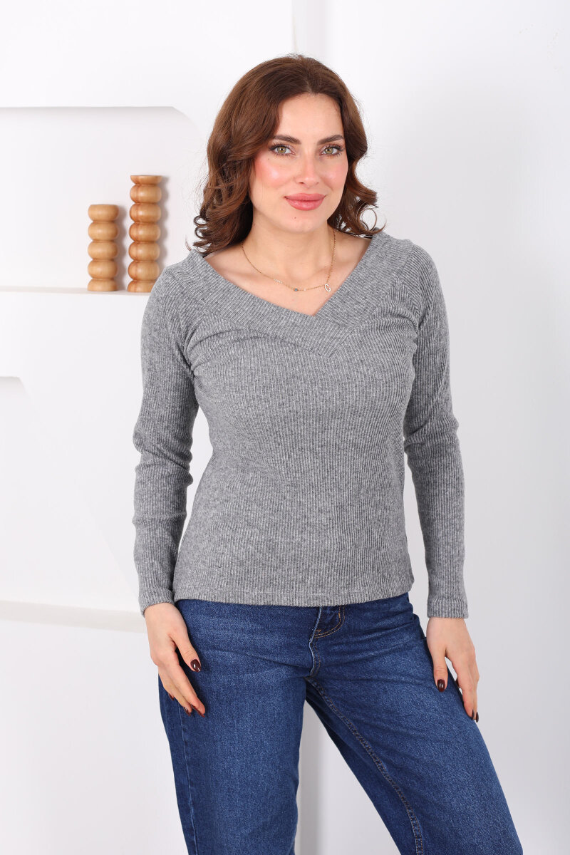 Ön Arka V - Yaka Kadın Antrasit Triko Kazak - 5