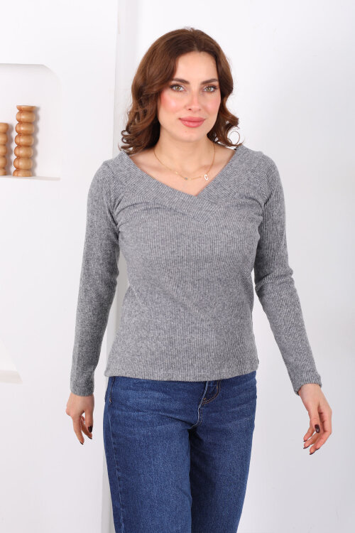 Ön Arka V - Yaka Kadın Antrasit Triko Kazak - 3