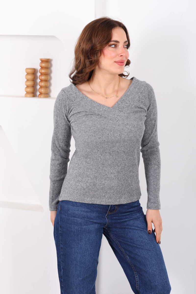 Ön Arka V - Yaka Kadın Antrasit Triko Kazak - 1