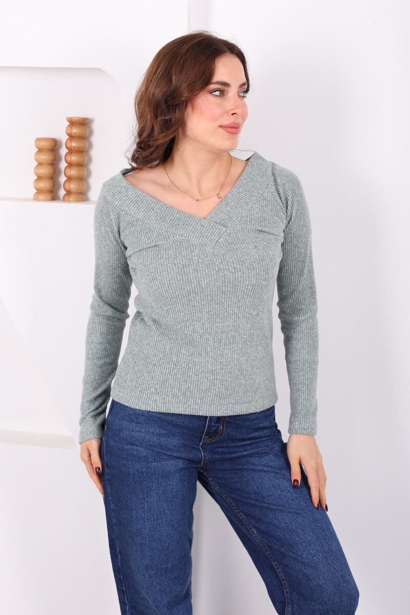 Ön Arka V - Yaka Kadın Haki Triko Kazak - 5