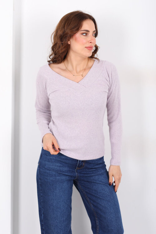 Ön Arka V - Yaka Kadın Lila Triko Kazak - 3