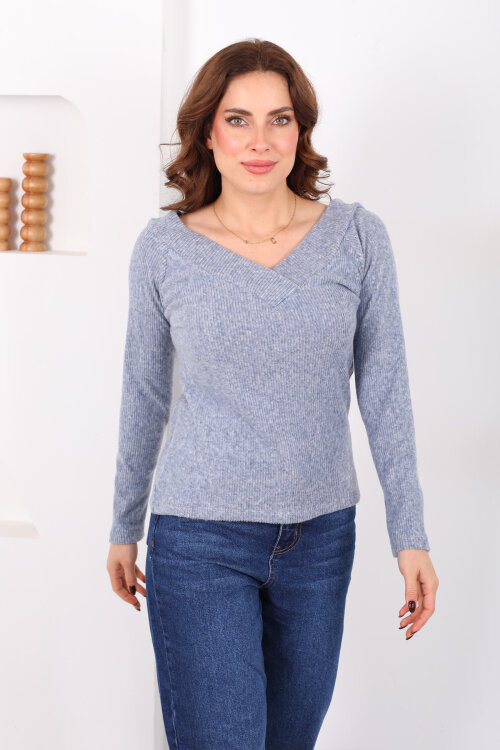 Ön Arka V - Yaka Kadın Mavi Triko Kazak - 5