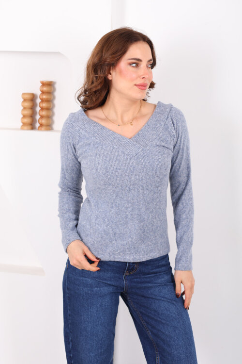 Ön Arka V - Yaka Kadın Mavi Triko Kazak - Berox