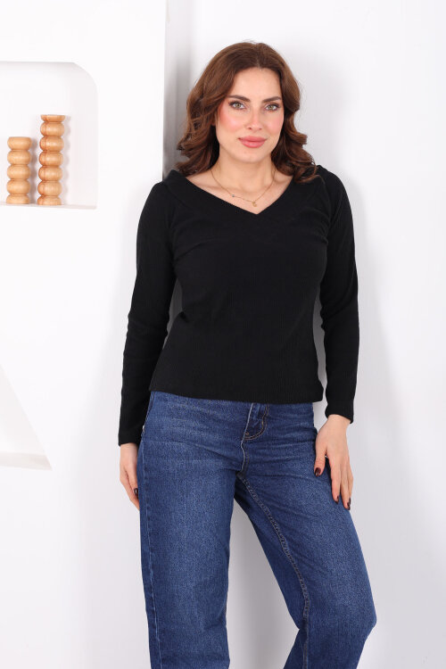 Ön Arka V - Yaka Kadın Siyah Triko Kazak - 6