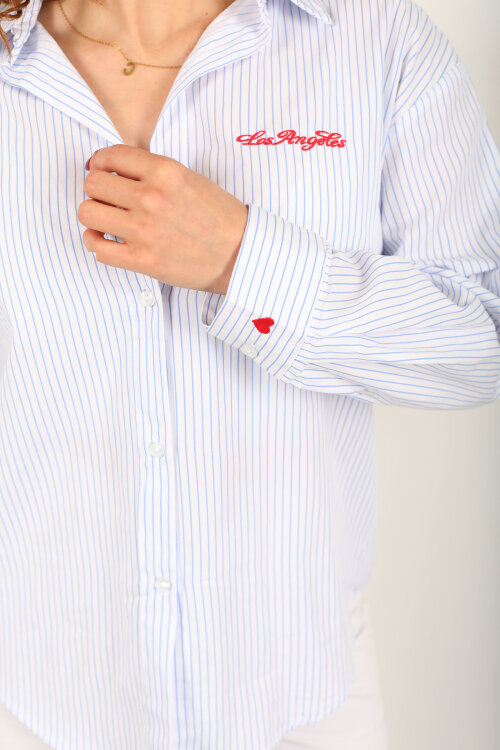 Ön ve Arka Los Angeles Baskılı Kadın Bebe Mavi Çizgili Gömlek - Berox (1)