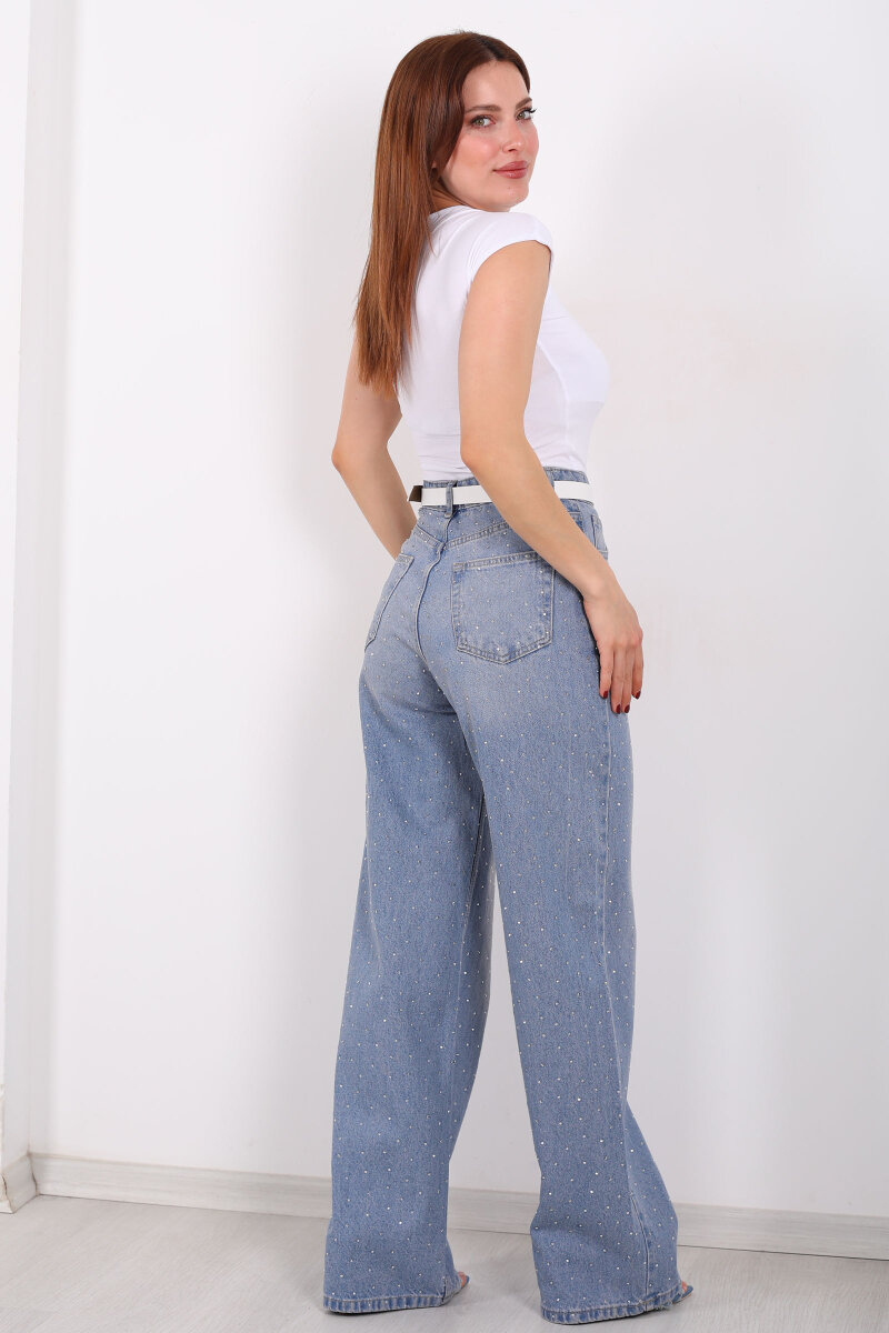 Ön Ve Arka Taş Serpme Açık Mavi Kar Yıkama Kot Palazzo Pantolon - 6