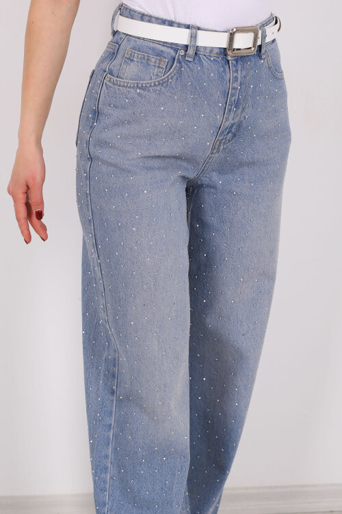 Ön Ve Arka Taş Serpme Açık Mavi Kar Yıkama Kot Palazzo Pantolon - Berox (1)