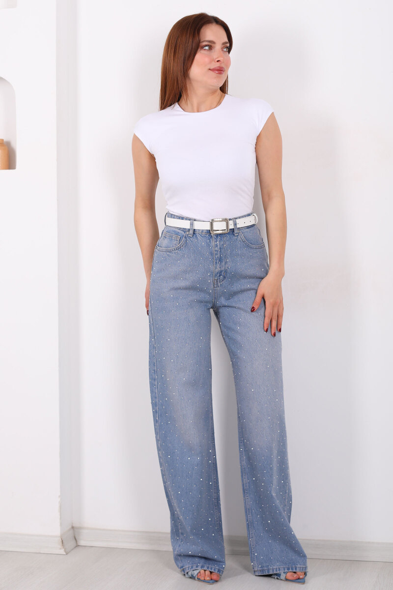 Ön Ve Arka Taş Serpme Açık Mavi Kar Yıkama Kot Palazzo Pantolon - 7