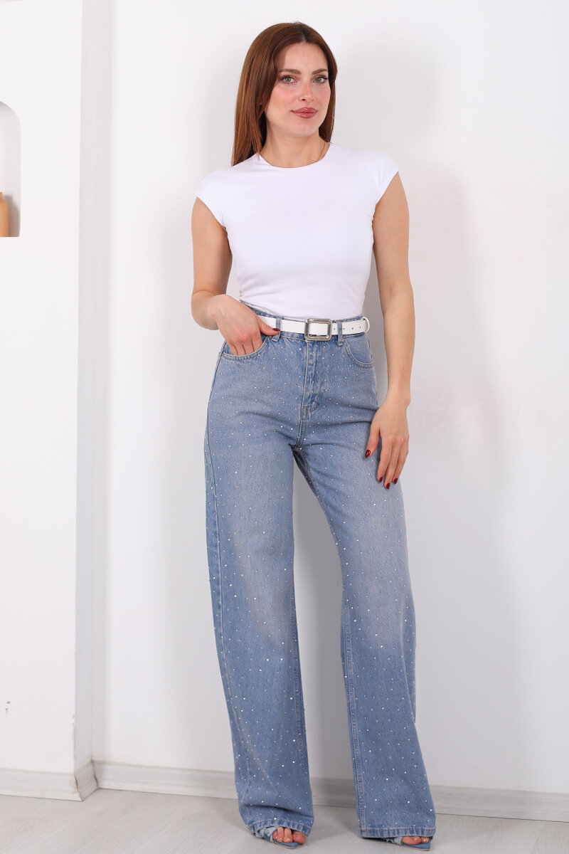 Ön Ve Arka Taş Serpme Açık Mavi Kar Yıkama Kot Palazzo Pantolon - 1