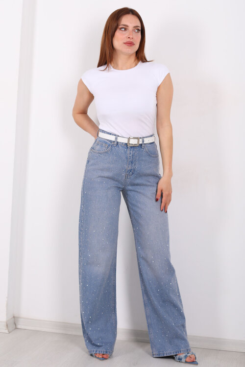 Ön Ve Arka Taş Serpme Açık Mavi Kar Yıkama Kot Palazzo Pantolon - 3