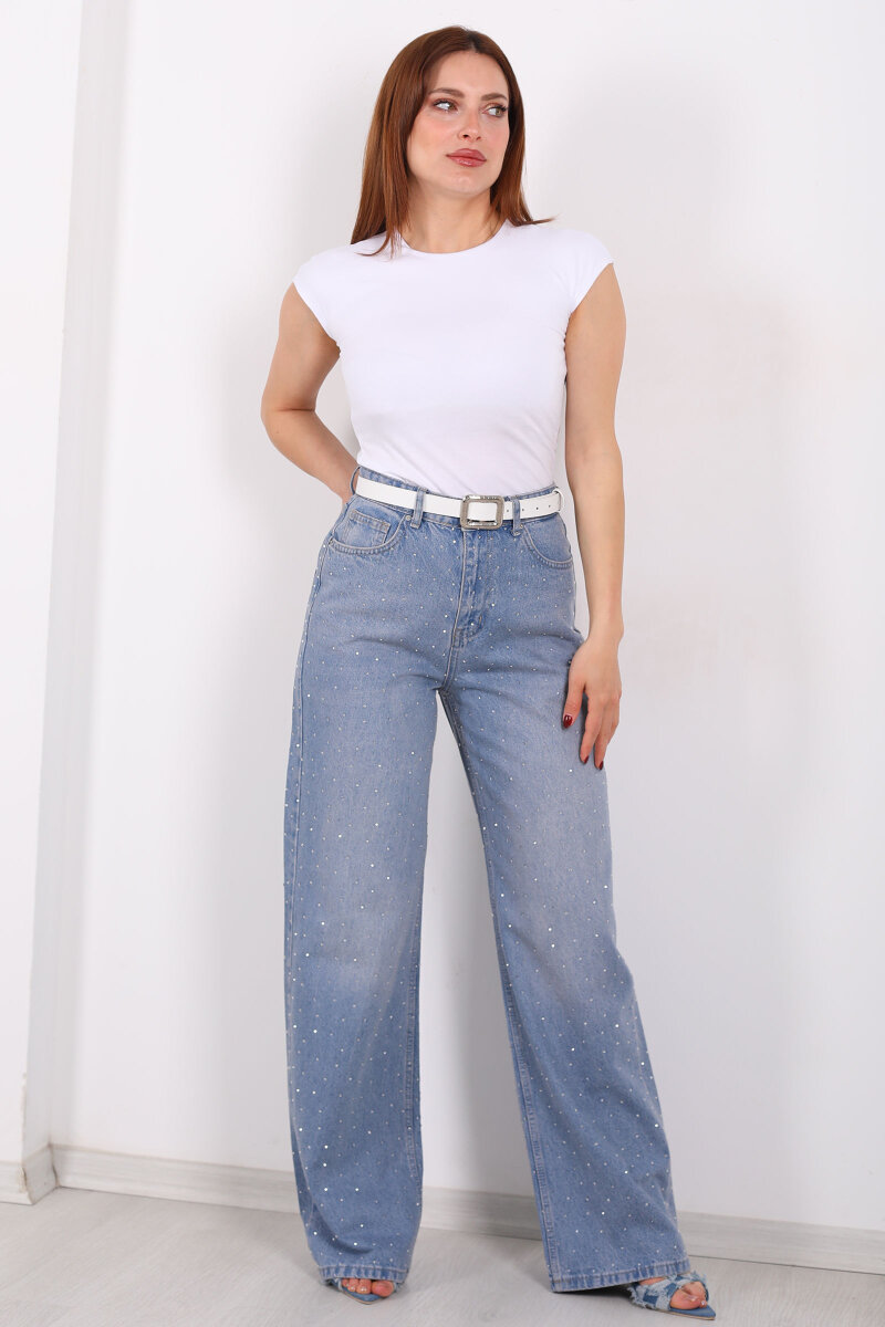 Ön Ve Arka Taş Serpme Açık Mavi Kar Yıkama Kot Palazzo Pantolon - 3