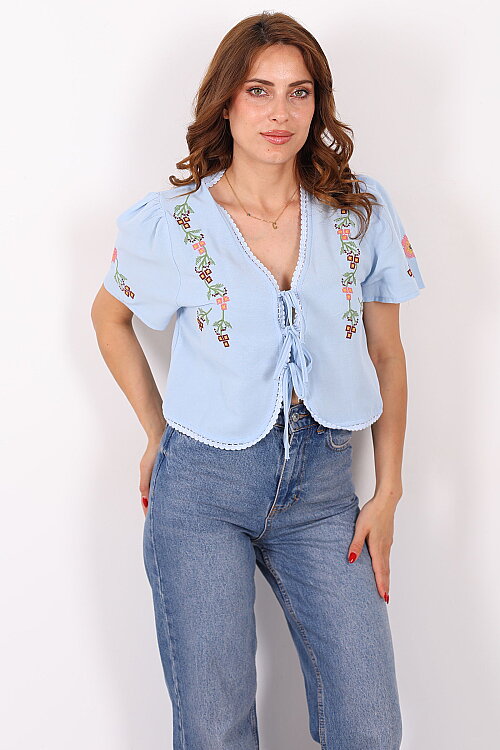 Önden Bağlamalı Bebe Mavi Kadın Nakışlı Bluz - 3