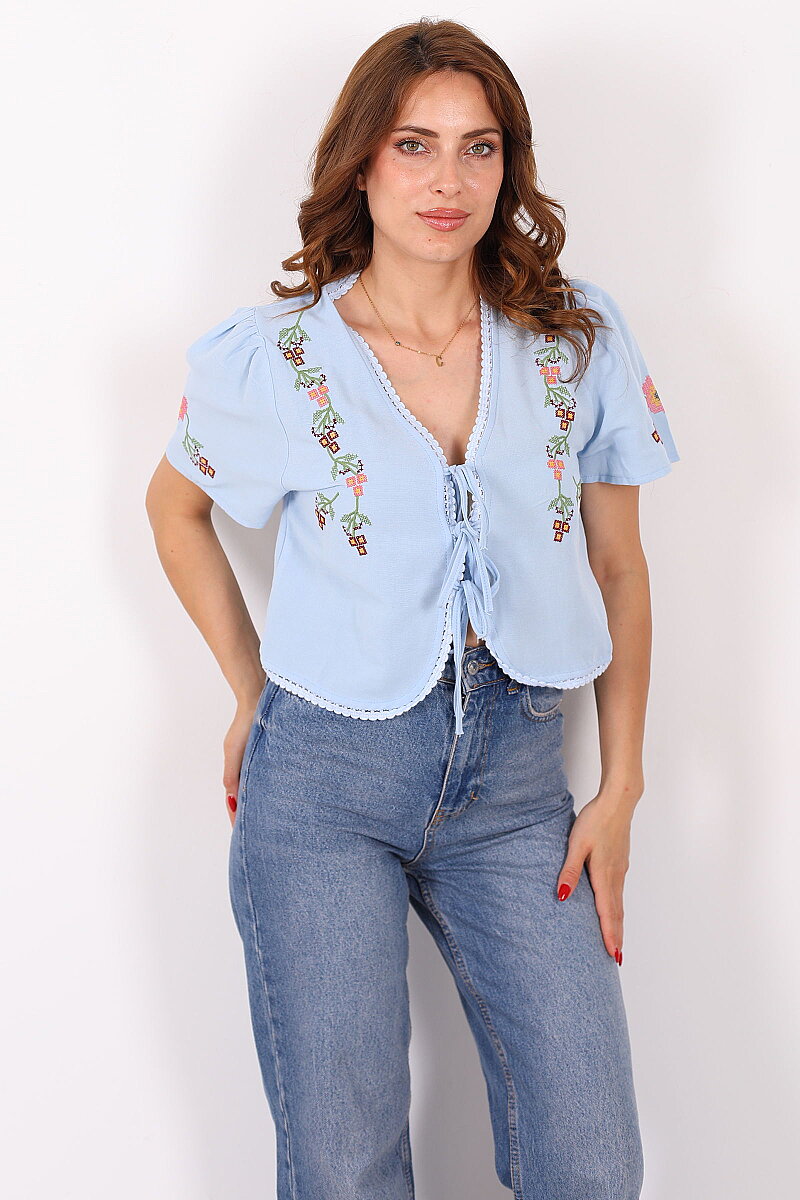 Önden Bağlamalı Bebe Mavi Kadın Nakışlı Bluz - 3
