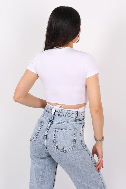 Önden Bağlamalı Elastan Beyaz Kadın Crop - 2