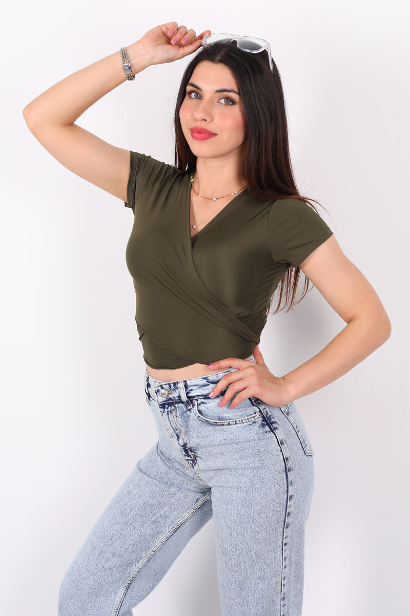 Önden Bağlamalı Elastan Haki Kadın Crop - 4