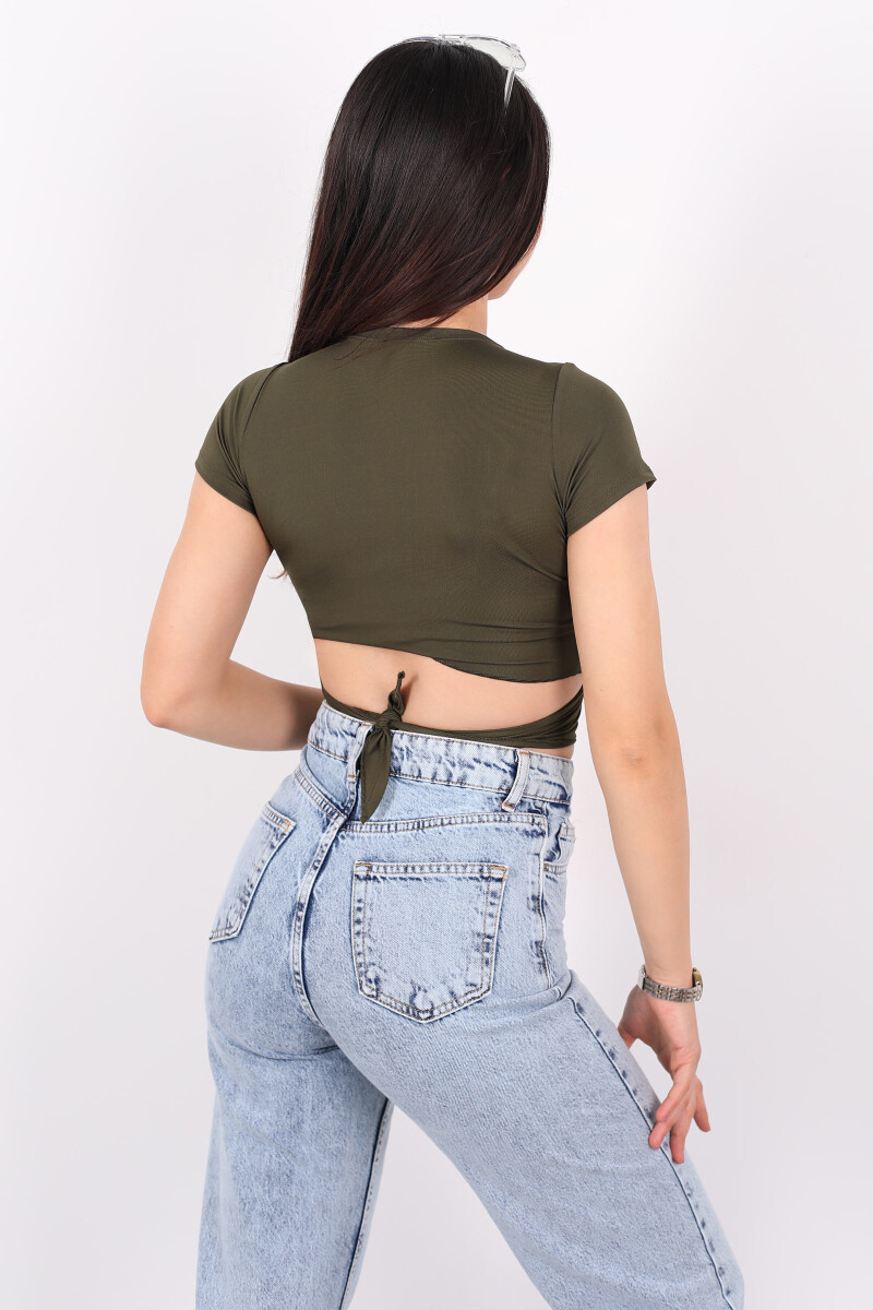Önden Bağlamalı Elastan Haki Kadın Crop - 2