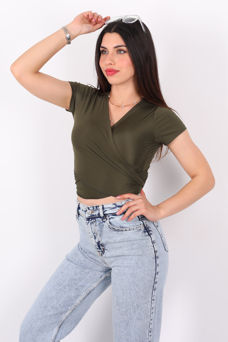 Önden Bağlamalı Elastan Haki Kadın Crop - 1