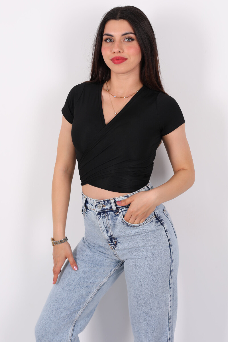 Önden Bağlamalı Elastan Siyah Kadın Crop - 3