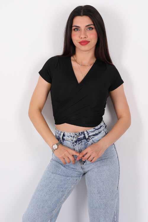 Önden Bağlamalı Elastan Siyah Kadın Crop - 4