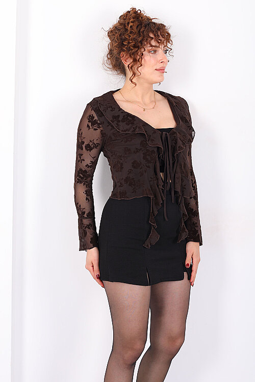 Önden Bağlamalı Yakası Fırfırlı Baskılı Kadın Kahverengi Tül Bluz - 4