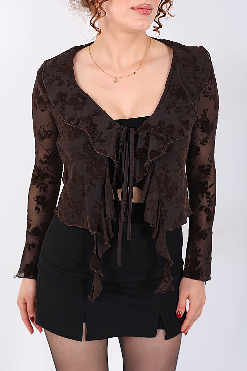 Önden Bağlamalı Yakası Fırfırlı Baskılı Kadın Kahverengi Tül Bluz - Berox (1)