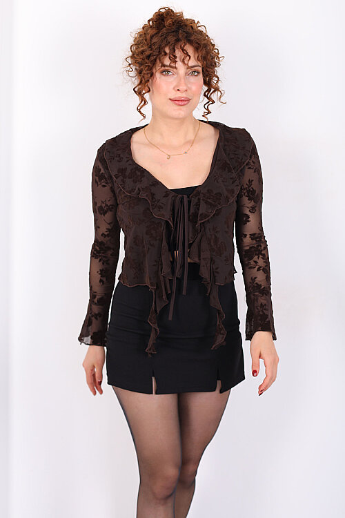 Önden Bağlamalı Yakası Fırfırlı Baskılı Kadın Kahverengi Tül Bluz - 6