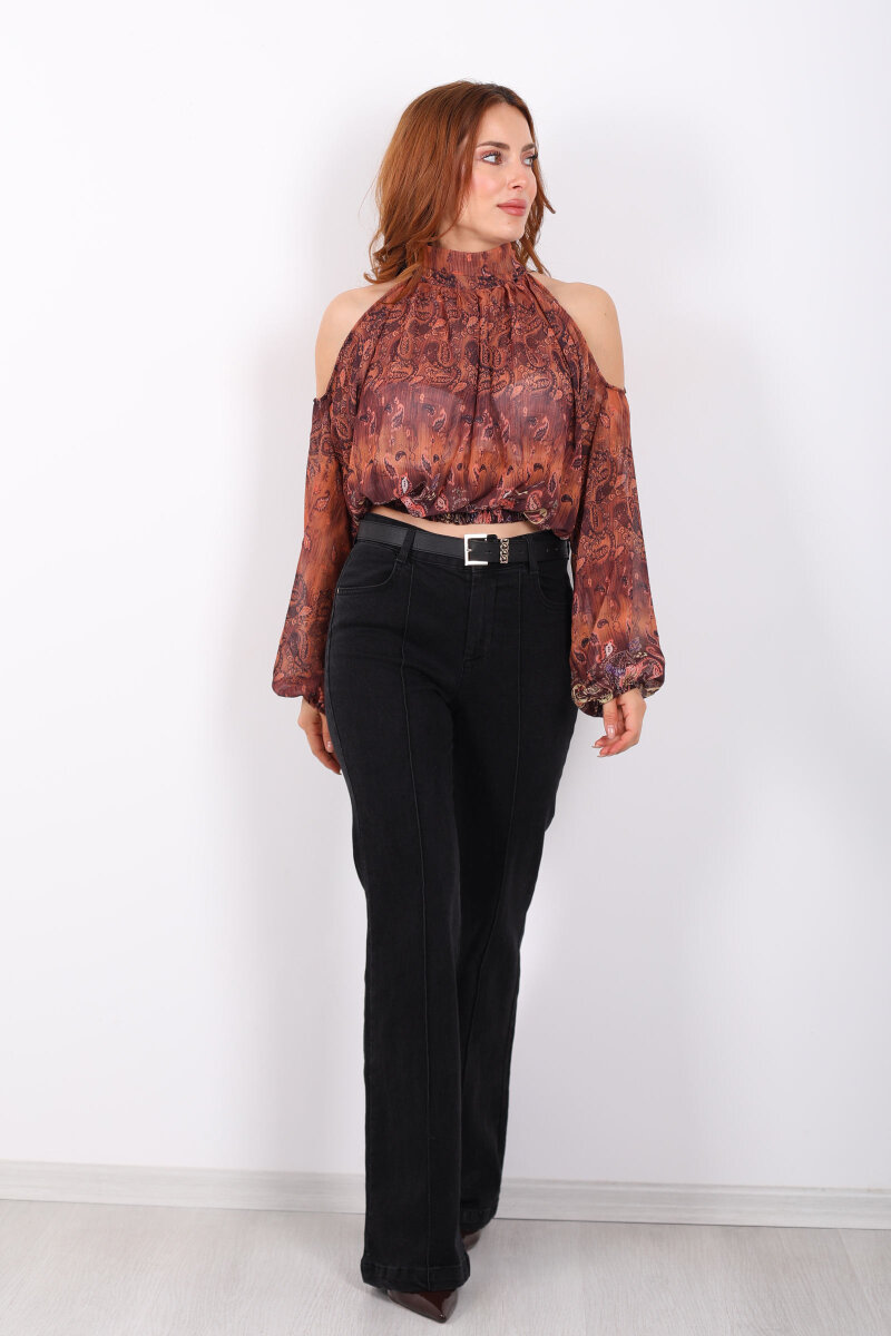 Önden Dikişli Kemerli İspanyol Paça Koyu Füme Kadın Kot Pantolon - 4