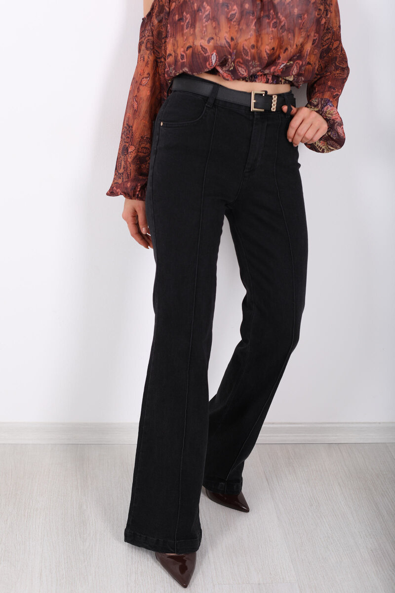 Önden Dikişli Kemerli İspanyol Paça Koyu Füme Kadın Kot Pantolon - 2